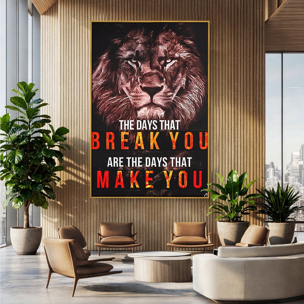 Tablou canvas cu tablou canvas cu leu si mesaj motivational, in rama de aluminiu auriu, pe perete intr-un birou